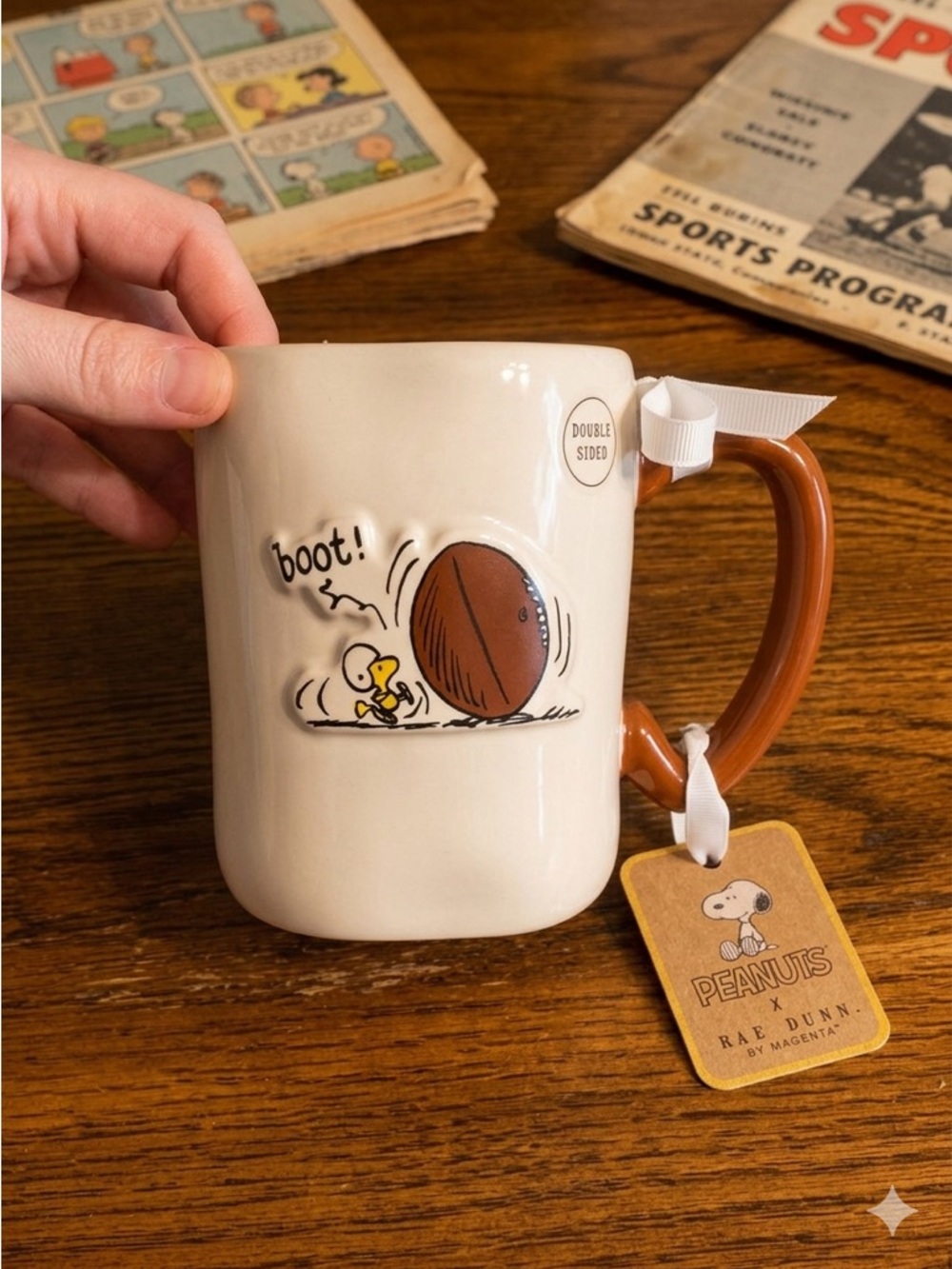 Rae Dunn Peanuts Football Mug Woodstock Touch Down Sculpted Handle Yellow NWT